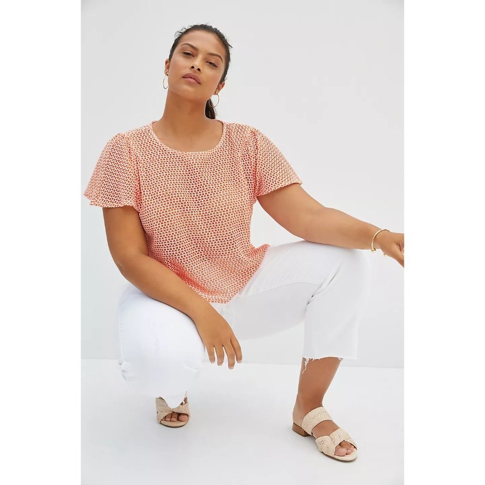 Anthropologie Eva Franco Orange Knit Feathered Top w/ Flutter Sleeves - Picture 2 of 7